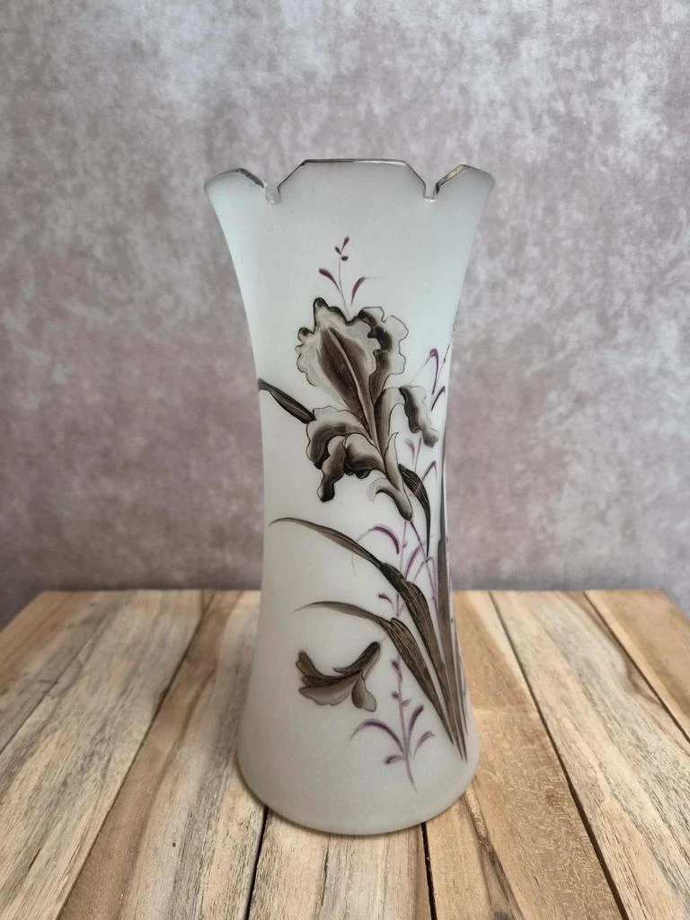 Antique Art Nouveau frosted enamel glass vase - iris decor – photo 2